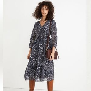 Madewell Tie Waist Floral Midi Dress Harvest Vine Floral Navy Womens Size L